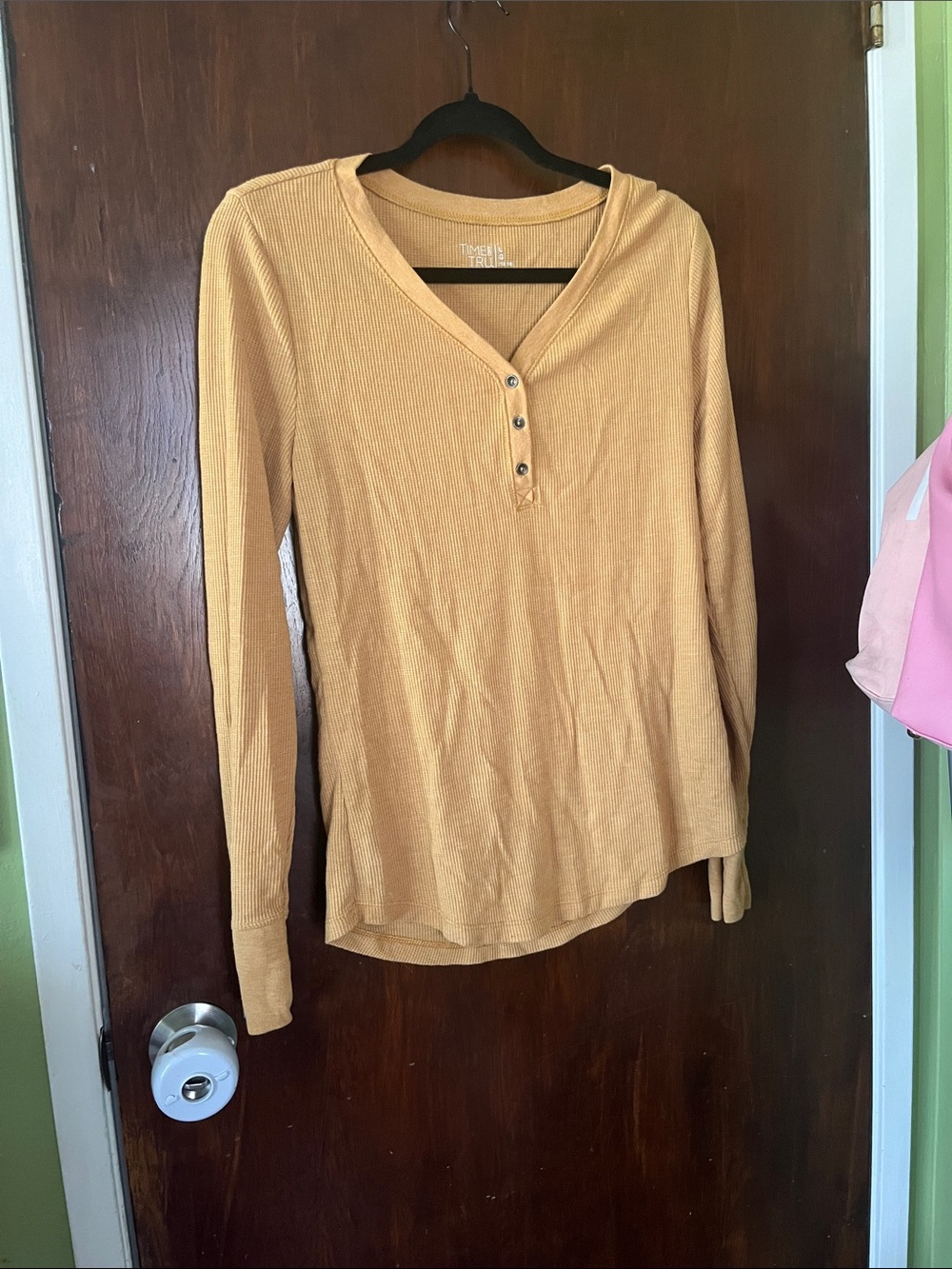 Time and Tru Long-Sleeve Henley Top in Mustard Yellow
